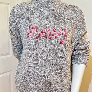 LOFT Gray Turtleneck Sweater with Red 'Merry' Design